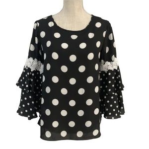 Cato Shirt Polka Dot Black White Tiered Bell Sleeve Flower Applique